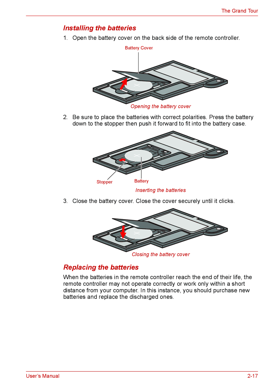 Toshiba U400 user manual Installing the batteries, Replacing the batteries 