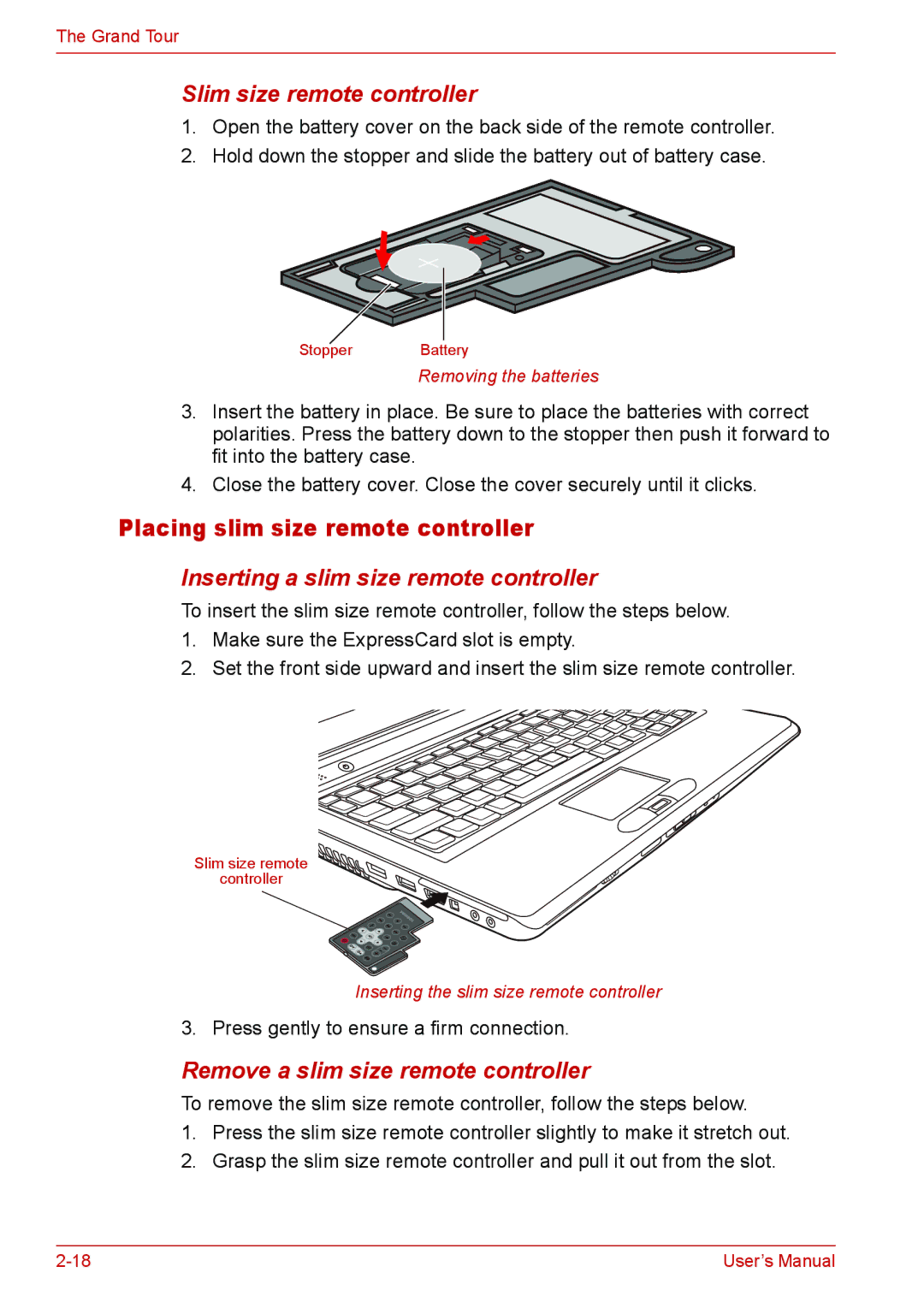 Toshiba U400 user manual Placing slim size remote controller, Inserting a slim size remote controller 