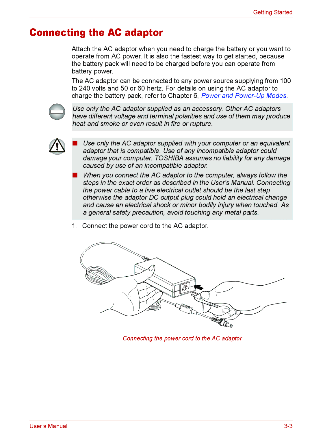 Toshiba U400 user manual Connecting the AC adaptor 