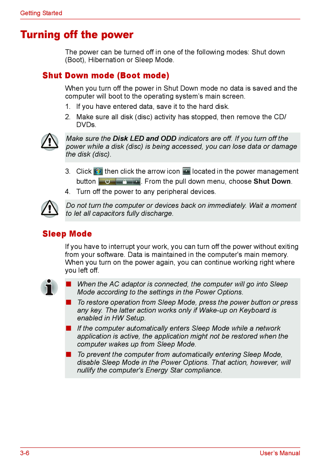 Toshiba U400 user manual Turning off the power, Shut Down mode Boot mode, Sleep Mode 