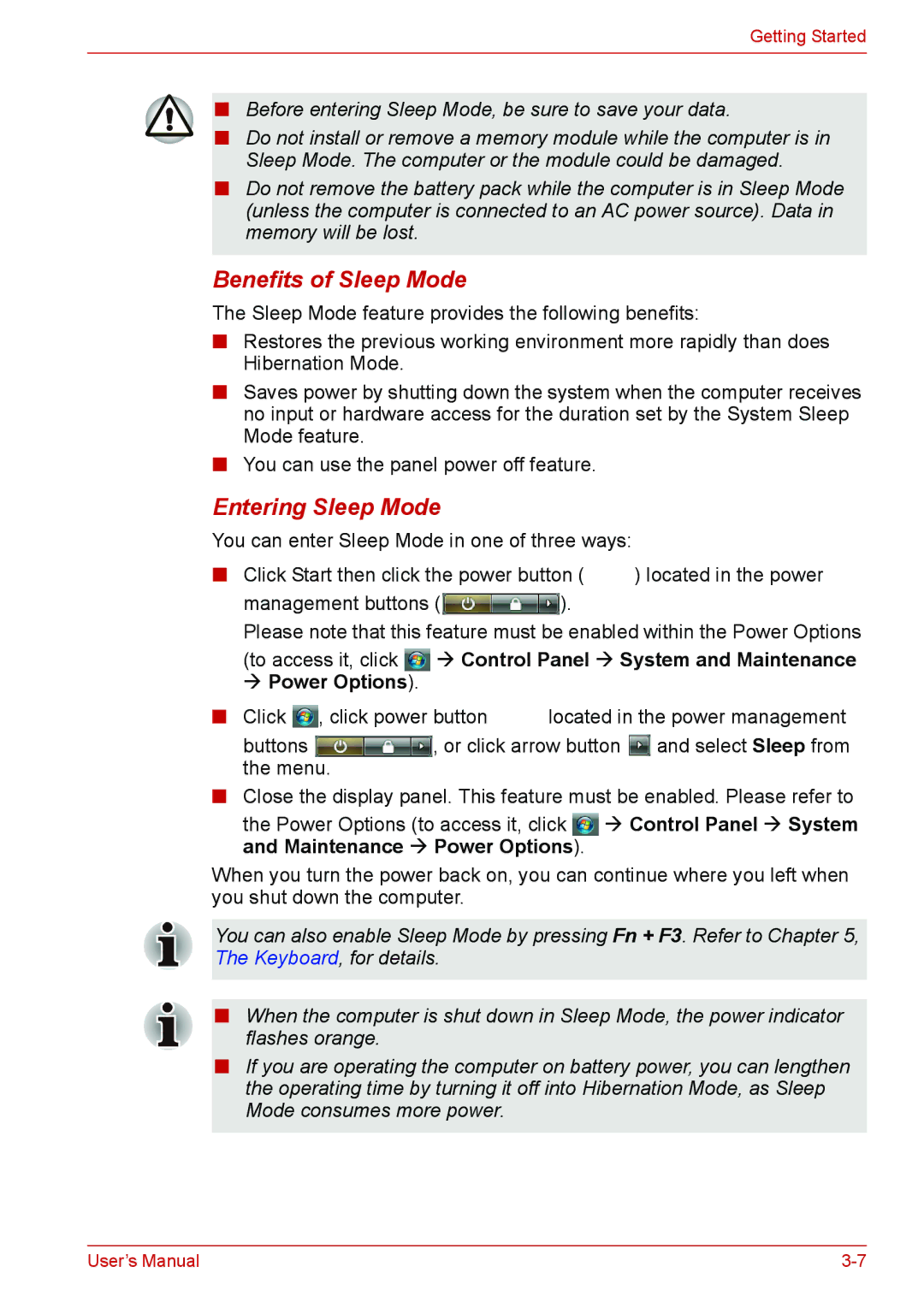 Toshiba U400 user manual Benefits of Sleep Mode, Entering Sleep Mode 