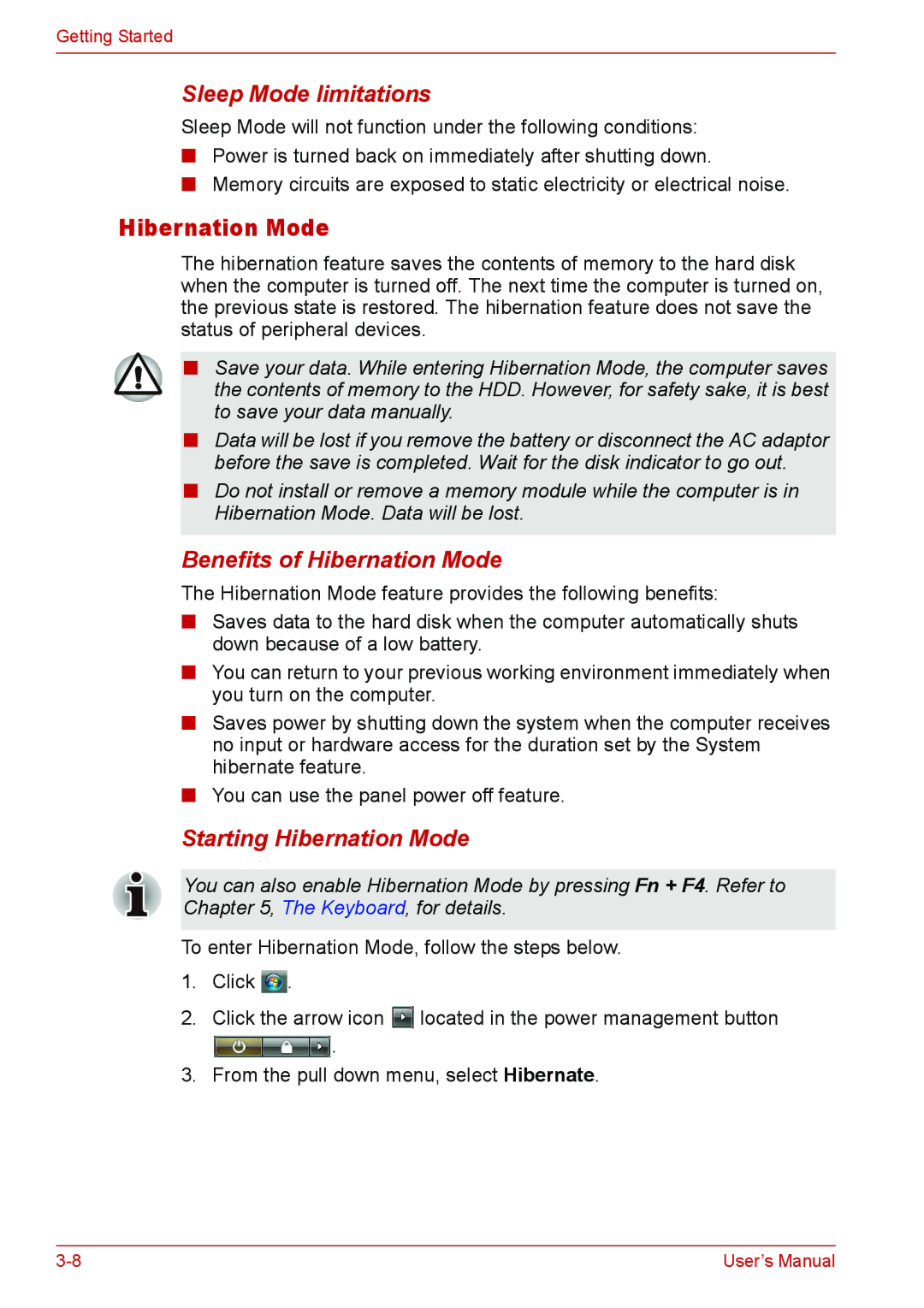 Toshiba U400 user manual Sleep Mode limitations, Benefits of Hibernation Mode, Starting Hibernation Mode 