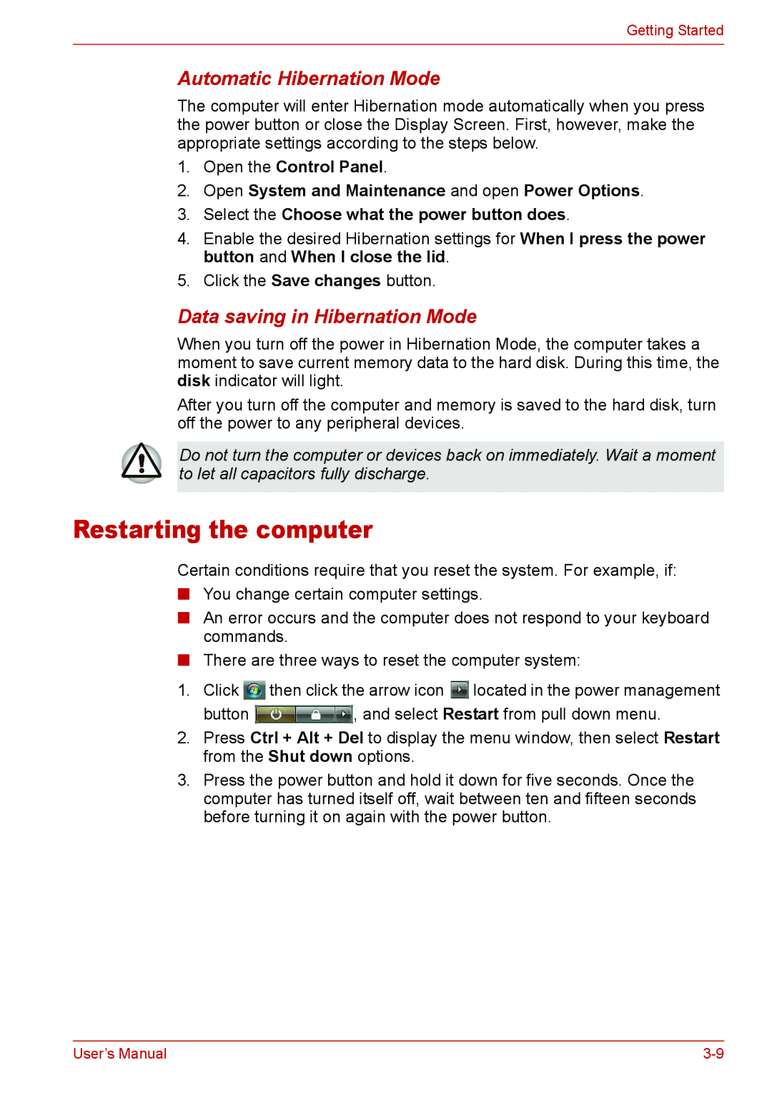 Toshiba U400 user manual Restarting the computer, Automatic Hibernation Mode, Data saving in Hibernation Mode 