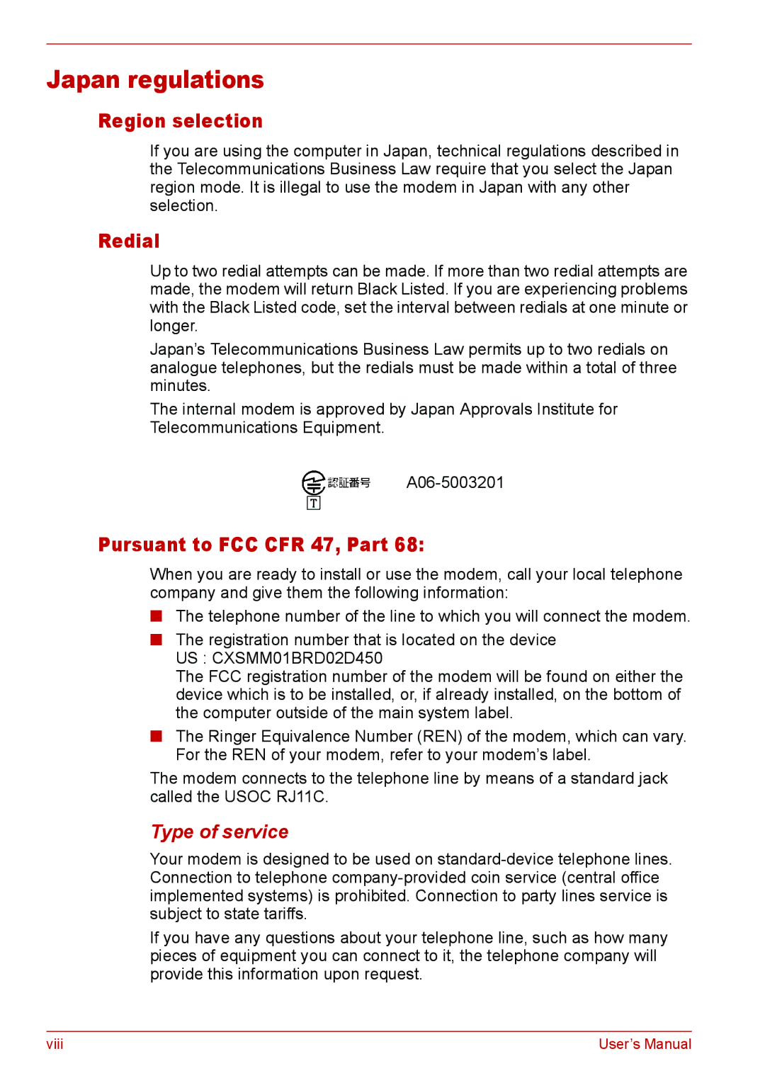 Toshiba U400 user manual Japan regulations, Region selection, Redial, Pursuant to FCC CFR 47, Part, Type of service 