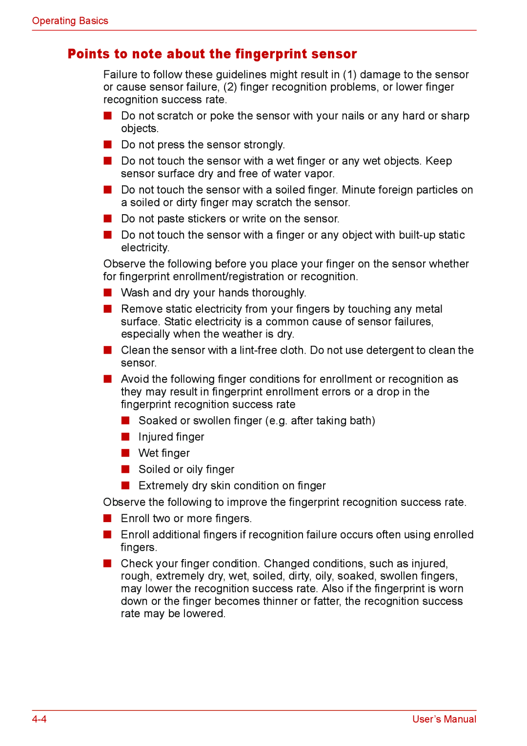 Toshiba U400 user manual Points to note about the fingerprint sensor 