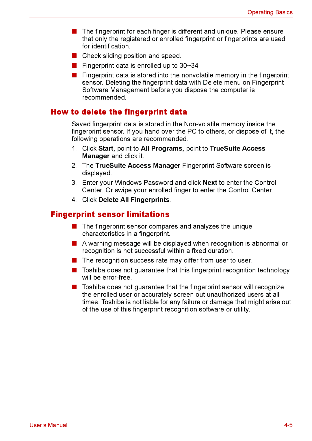 Toshiba U400 user manual How to delete the fingerprint data, Fingerprint sensor limitations, Click Delete All Fingerprints 