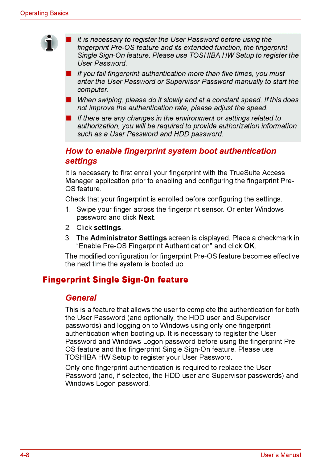 Toshiba U400 user manual Fingerprint Single Sign-On feature, Click settings 