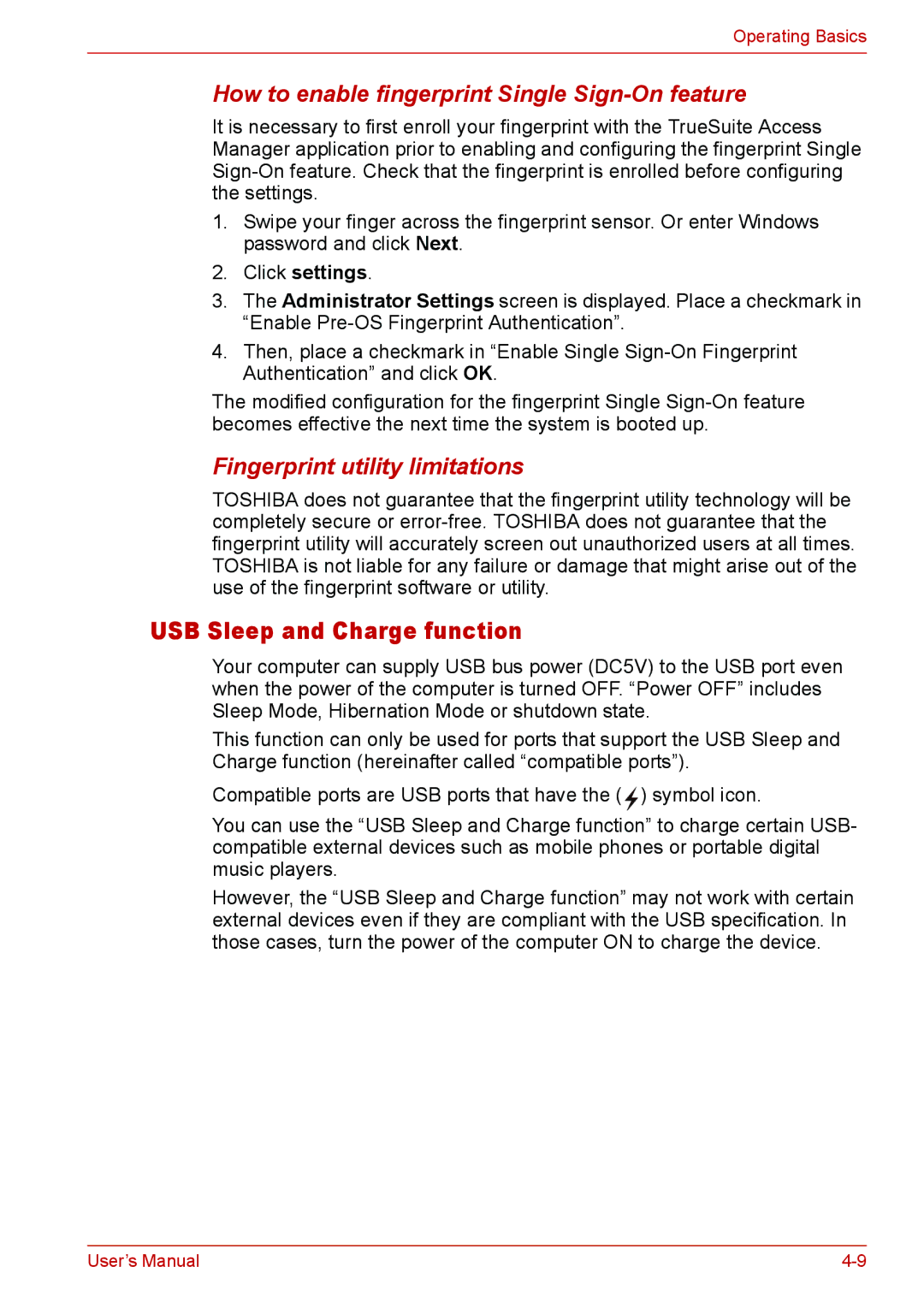 Toshiba U400 user manual USB Sleep and Charge function, How to enable fingerprint Single Sign-On feature 