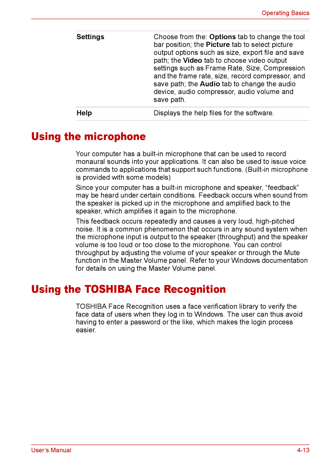 Toshiba U400 user manual Using the microphone, Using the Toshiba Face Recognition, Settings, Help 