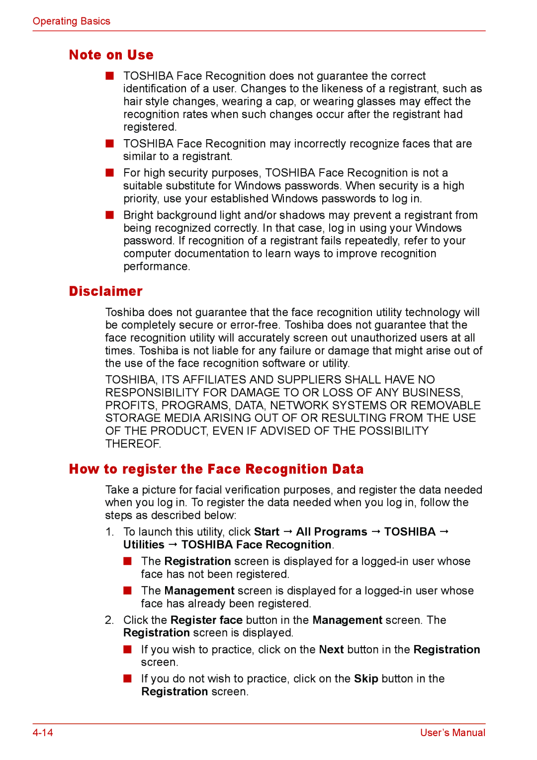 Toshiba U400 user manual Disclaimer, How to register the Face Recognition Data, Utilities  Toshiba Face Recognition 