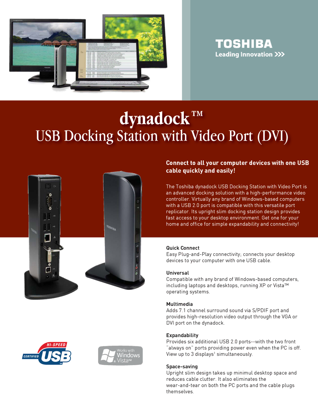 Toshiba USB Docking Station manual Quick Connect, Universal, Multimedia, Expandability, Space-saving 