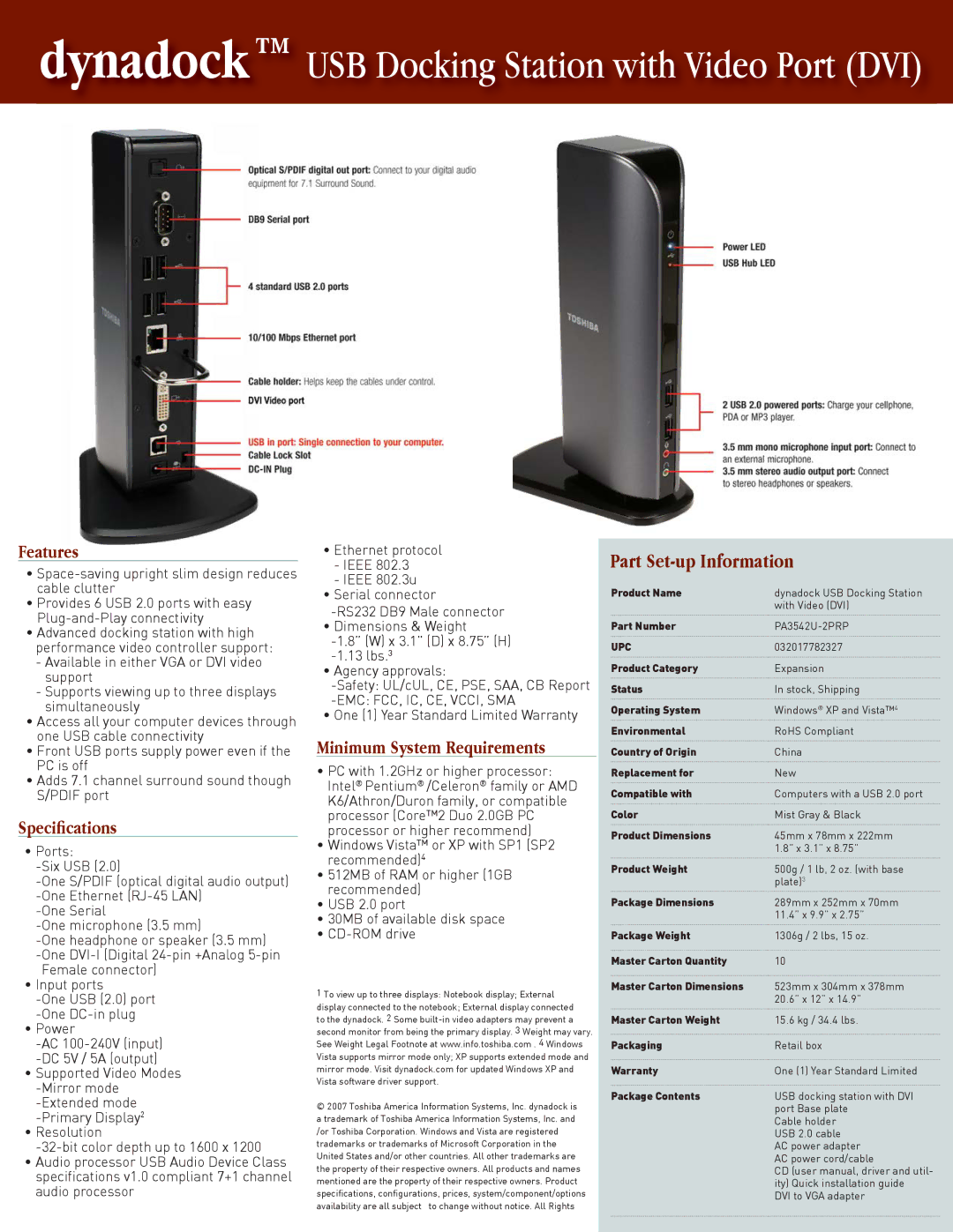 Toshiba USB Docking Station manual Features, Speciﬁcations, Minimum System Requirements 