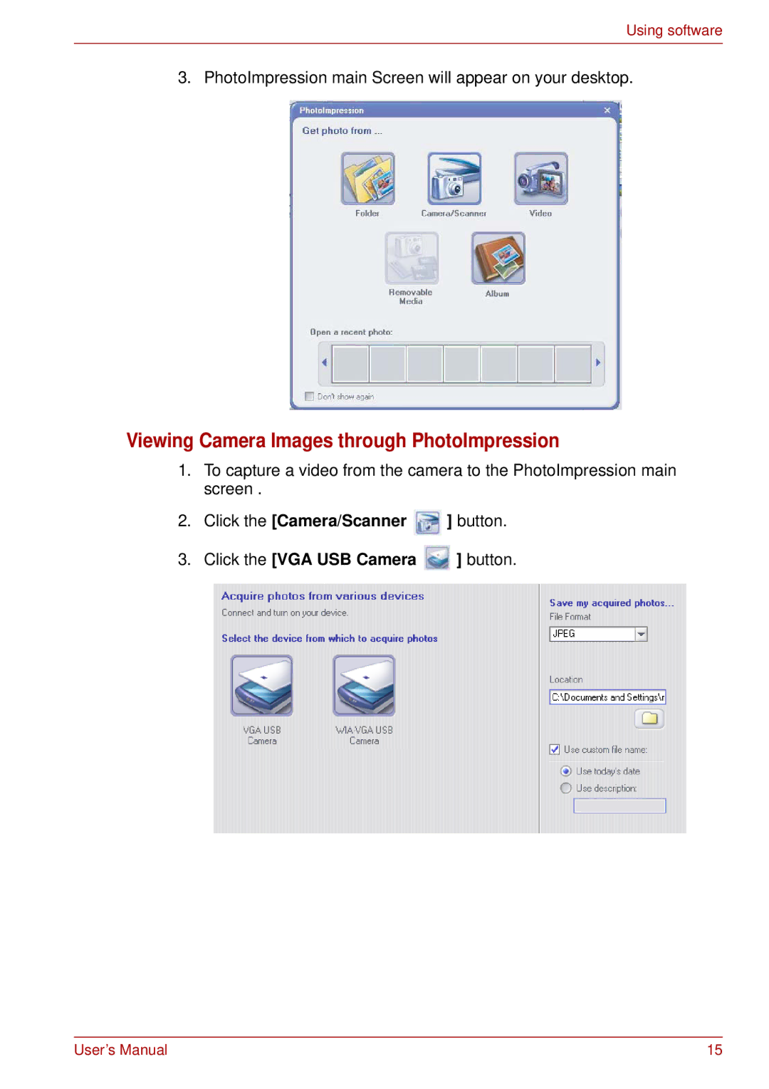 Toshiba USB Webcam manual Viewing Camera Images through PhotoImpression 