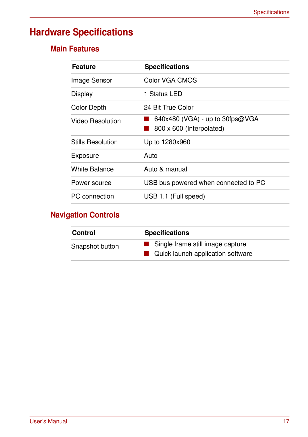 Toshiba USB Webcam manual Hardware Specifications, Main Features, Navigation Controls 