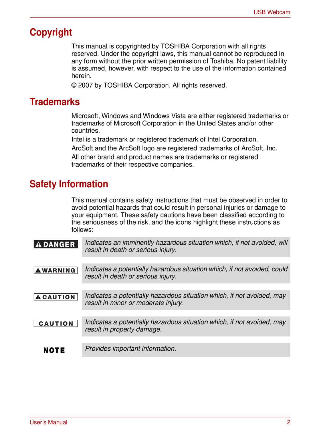 Toshiba USB Webcam manual Copyright, Trademarks, Safety Information 