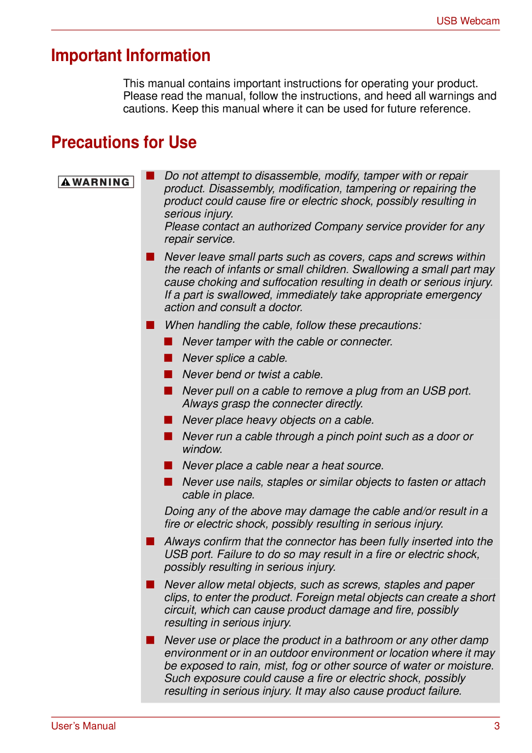 Toshiba USB Webcam manual Important Information, Precautions for Use 