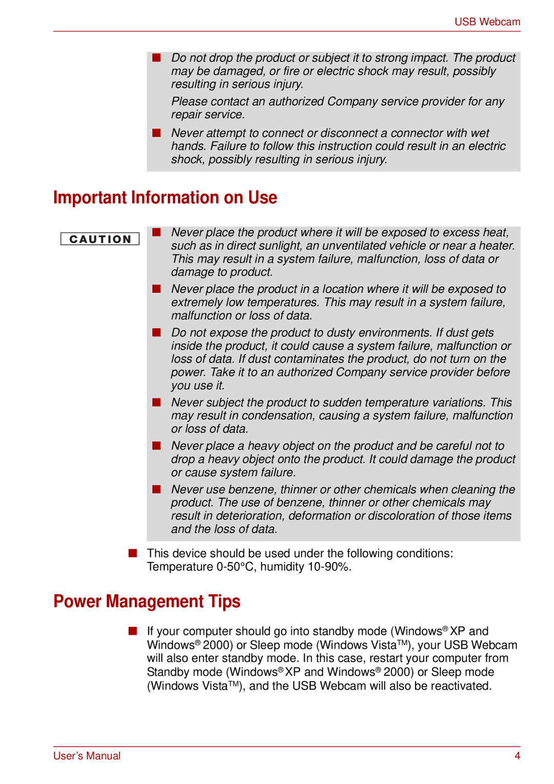 Toshiba USB Webcam manual Important Information on Use, Power Management Tips 