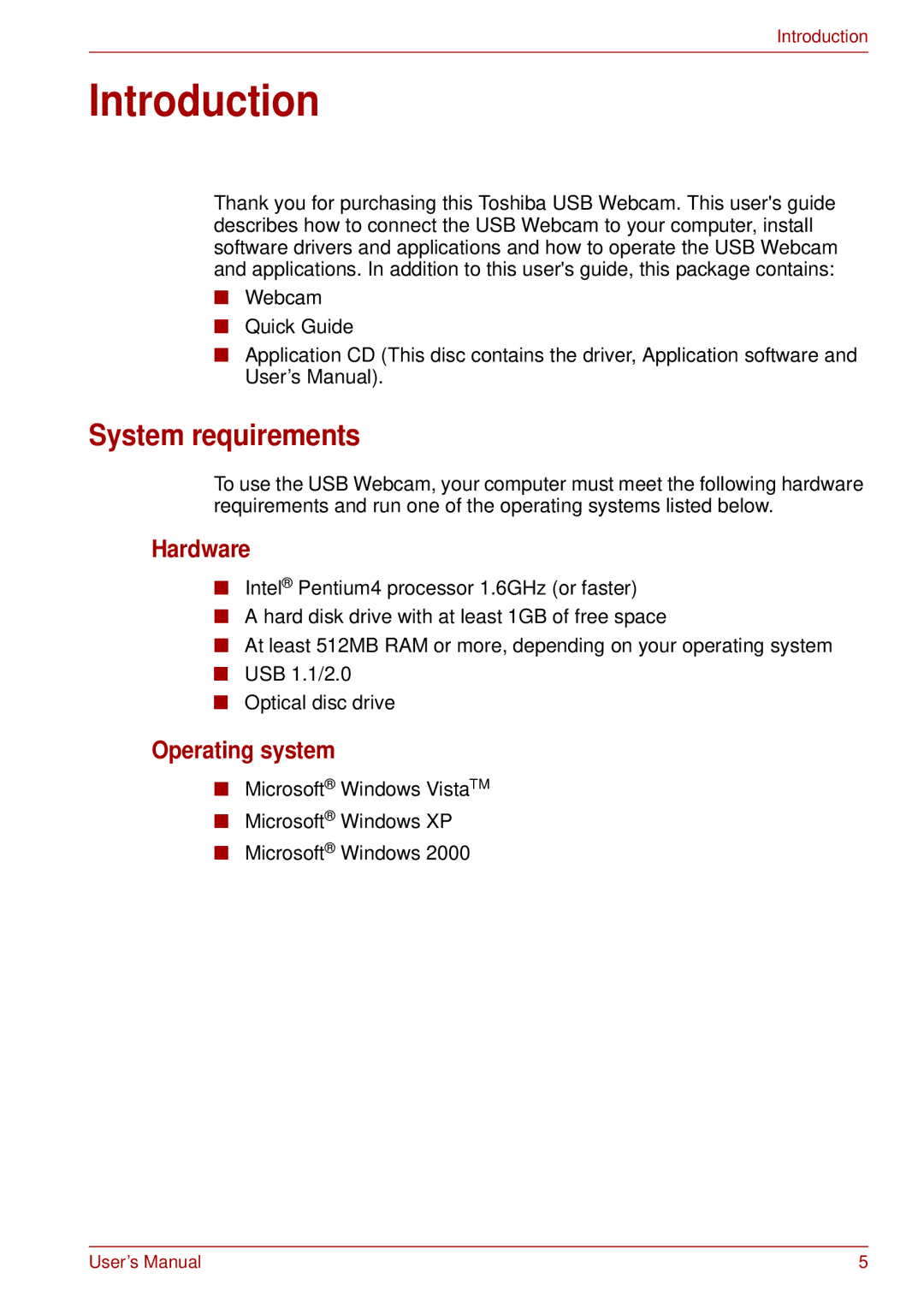 Toshiba USB Webcam manual Introduction, System requirements, Hardware, Operating system 