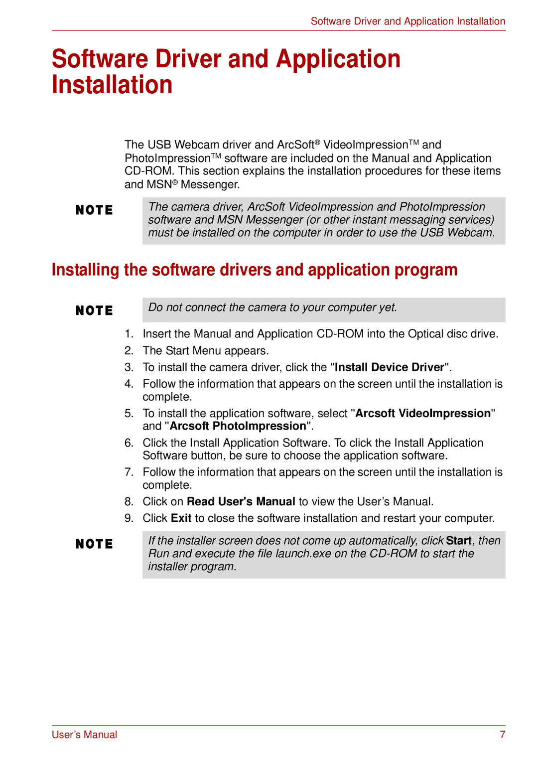 Toshiba USB Webcam Software Driver and Application Installation, Installing the software drivers and application program 