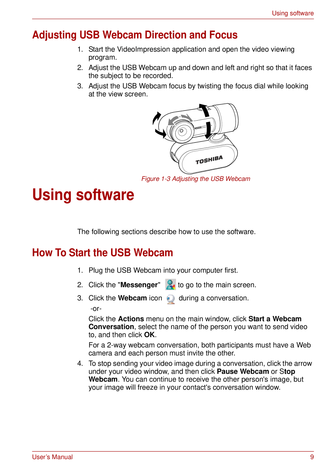 Toshiba manual Using software, Adjusting USB Webcam Direction and Focus, How To Start the USB Webcam 