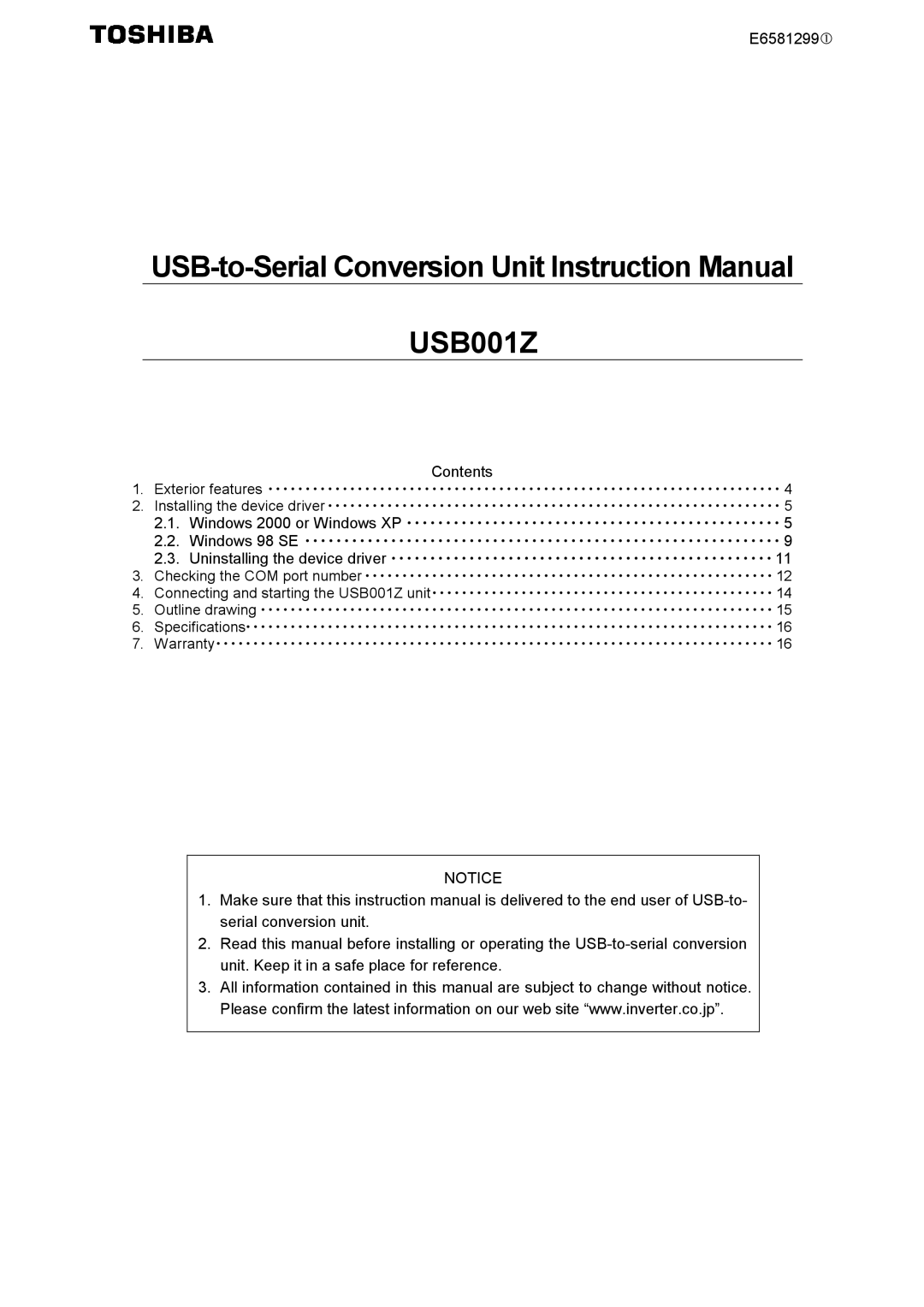 Toshiba USB001Z instruction manual 