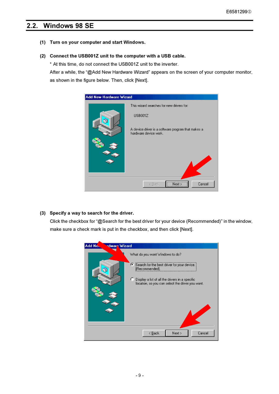 Toshiba USB001Z instruction manual Windows 98 SE, Specify a way to search for the driver 