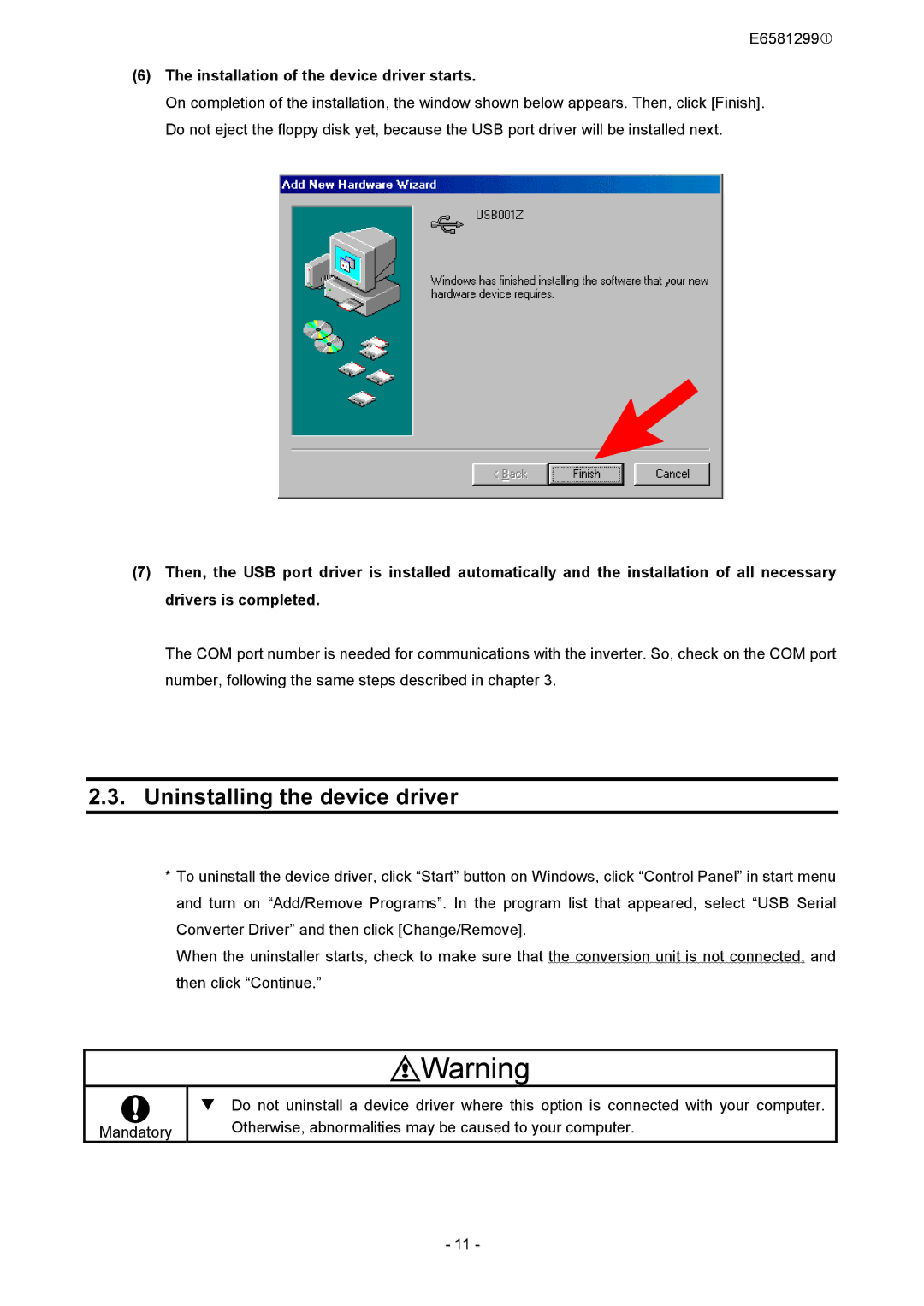 Toshiba USB001Z instruction manual Uninstalling the device driver 