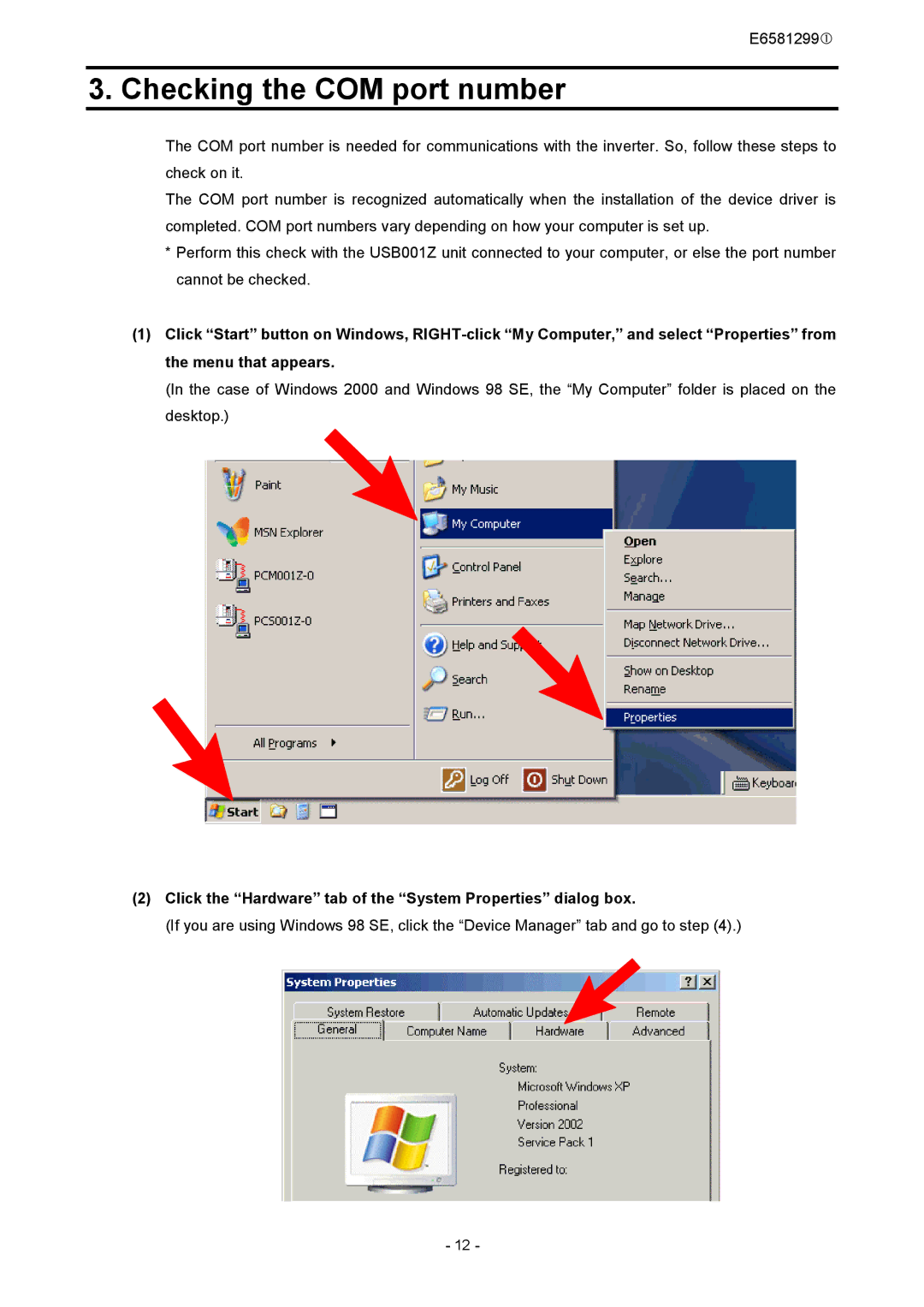 Toshiba USB001Z instruction manual Checking the COM port number, Click the Hardware tab of the System Properties dialog box 