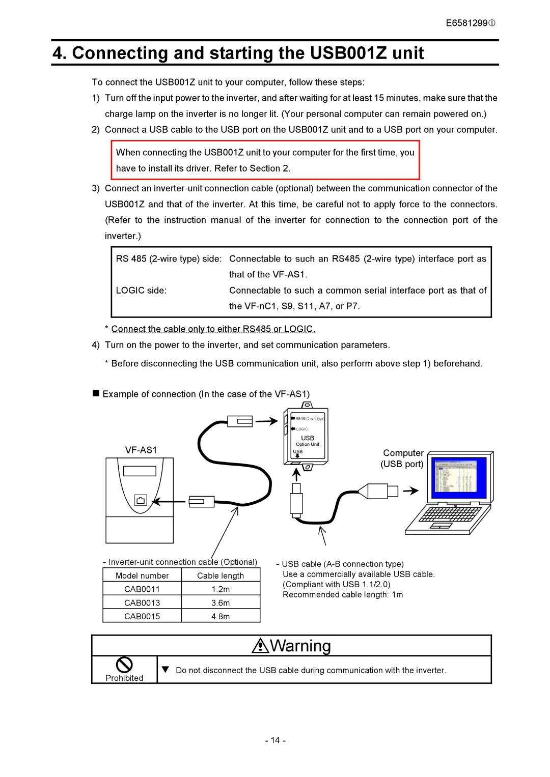 Toshiba instruction manual Connecting and starting the USB001Z unit, VF-AS1 