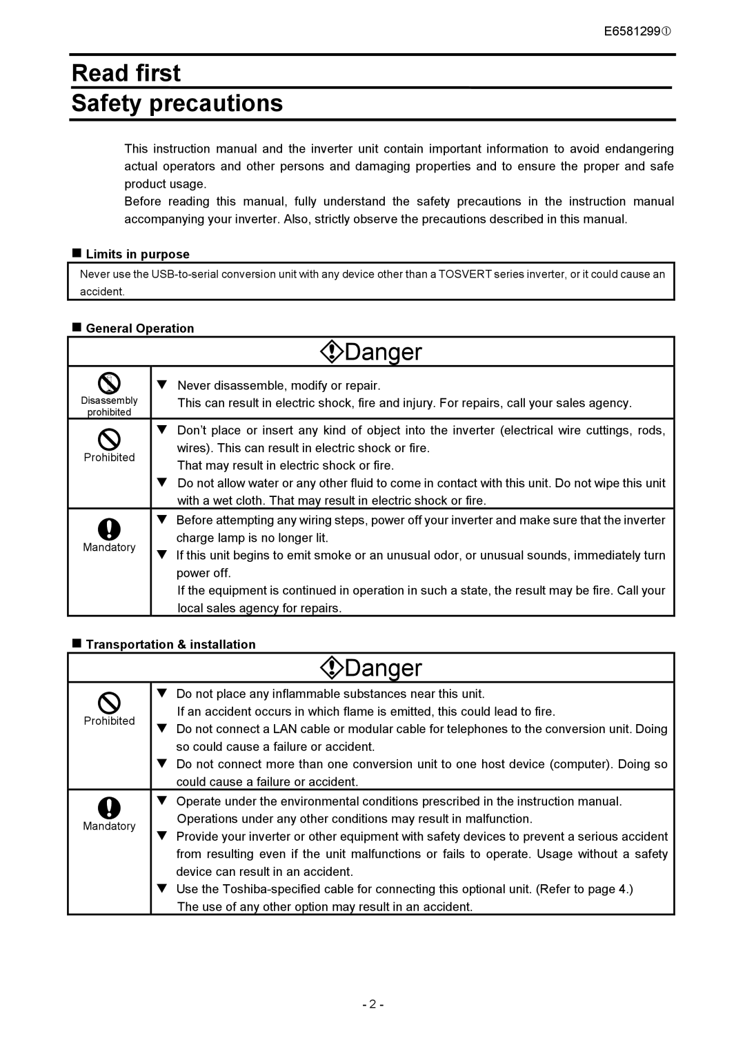 Toshiba USB001Z Read first Safety precautions, „ Limits in purpose, „ General Operation, „ Transportation & installation 