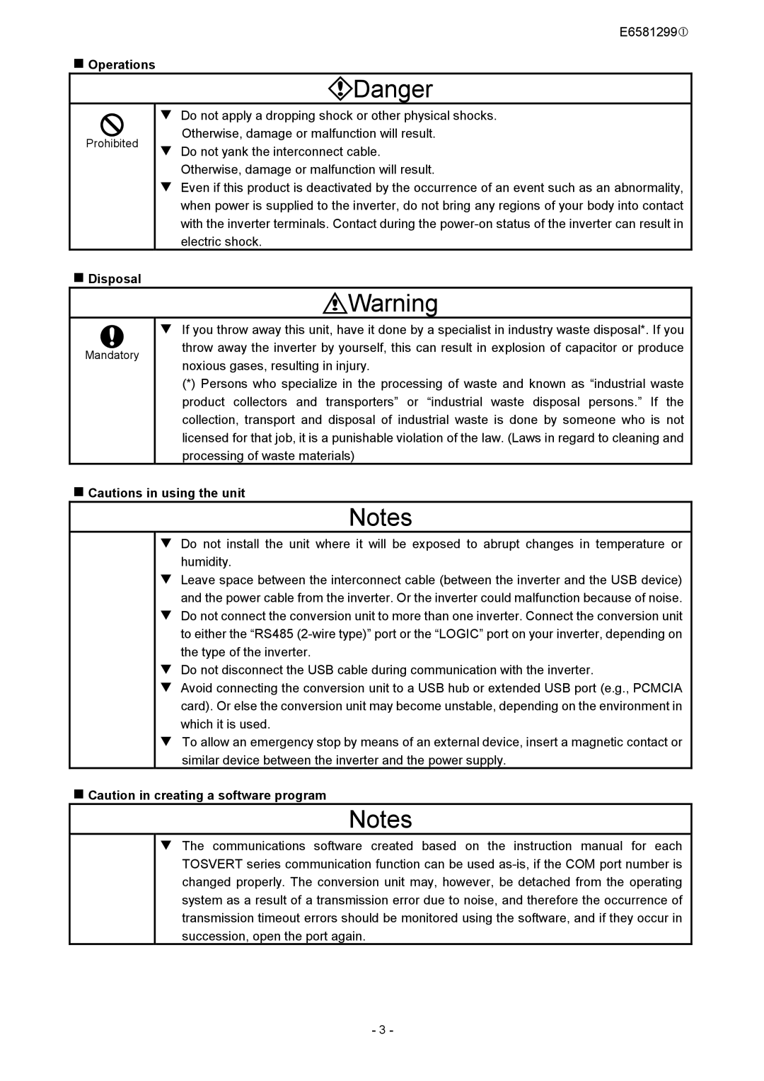 Toshiba USB001Z „ Operations, „ Disposal, „ Cautions in using the unit, „ Caution in creating a software program 