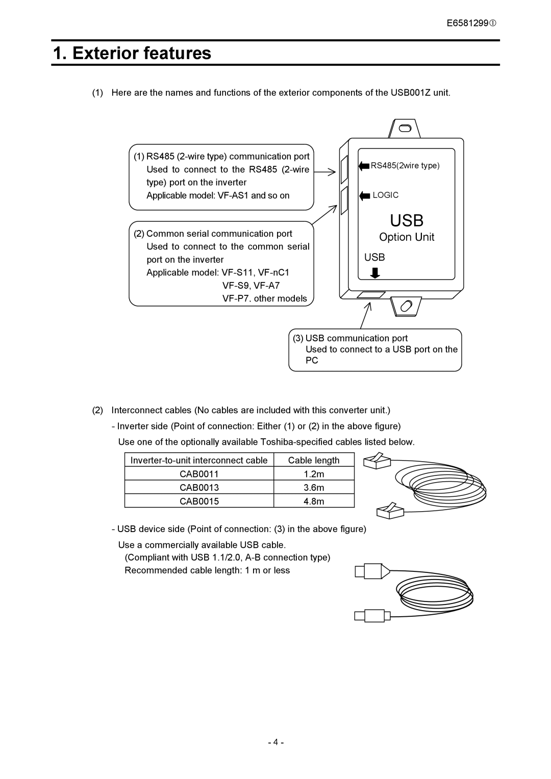 Toshiba USB001Z instruction manual Exterior features, Usb 