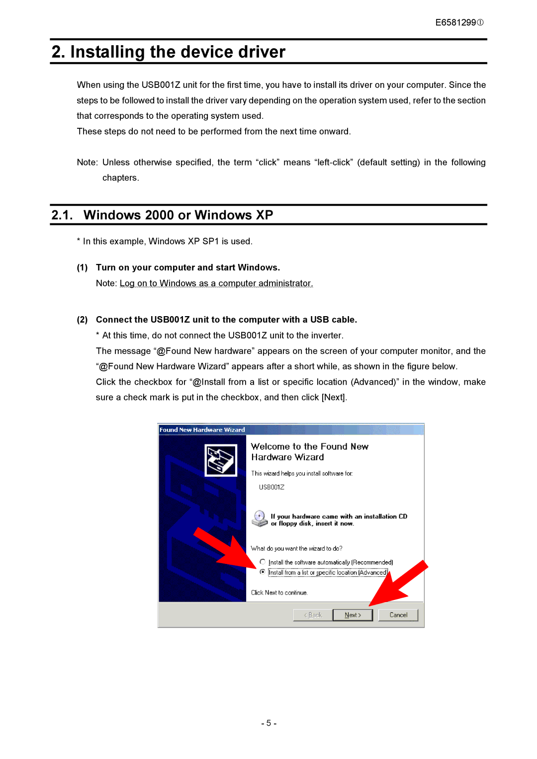 Toshiba USB001Z instruction manual Installing the device driver, Windows 2000 or Windows XP 