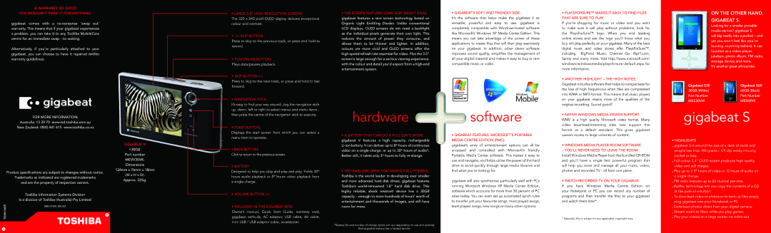 Toshiba V Series warranty Hardware, Software 