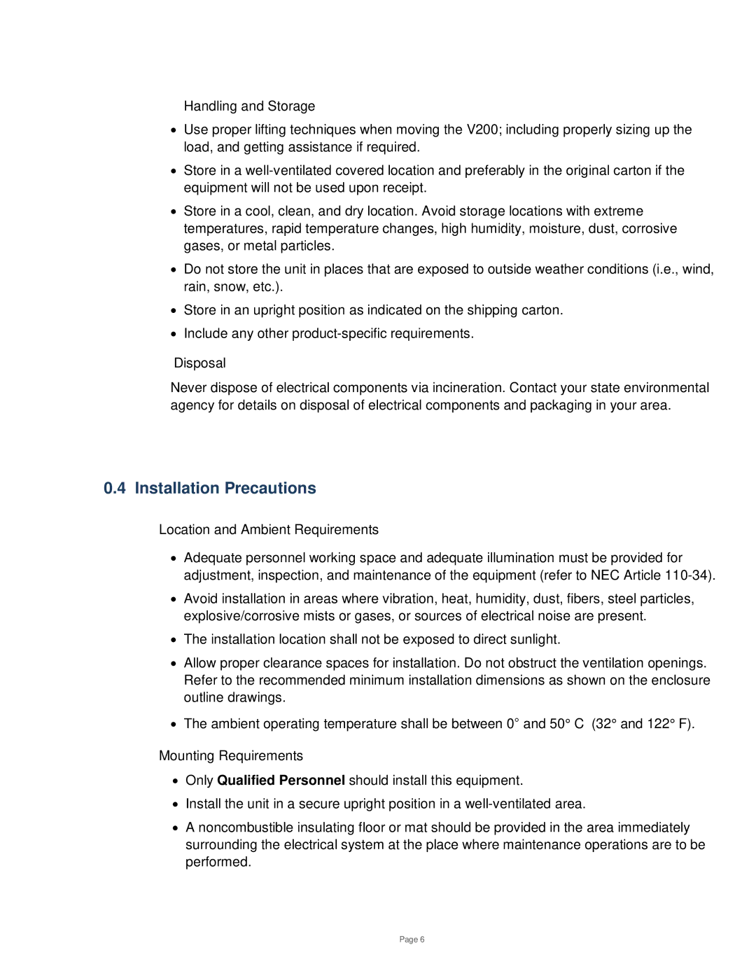 Toshiba V200 user manual Installation Precautions 