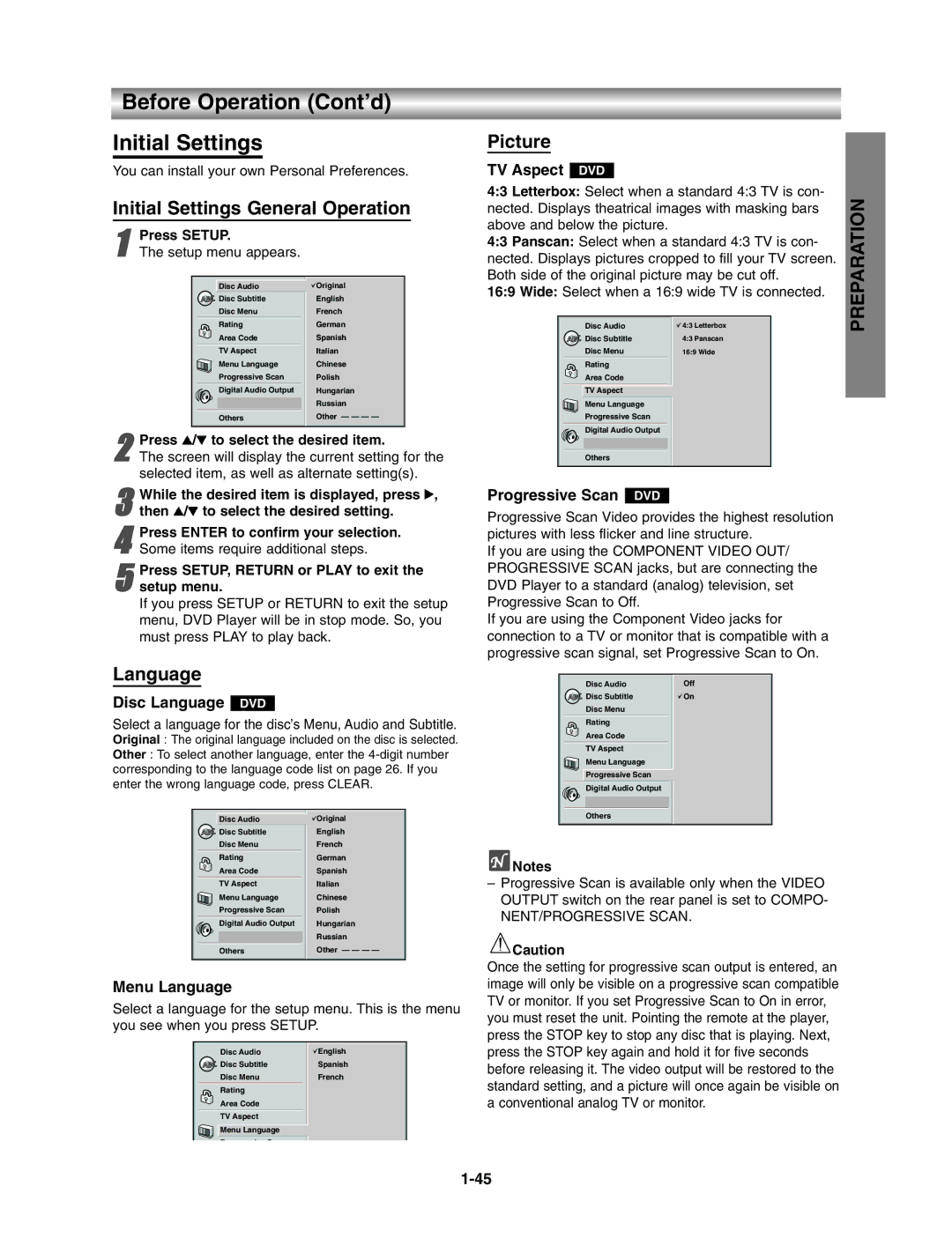 Toshiba SD3815, VB602M Before Operation Cont’d Initial Settings, Initial Settings General Operation, Language, Picture 