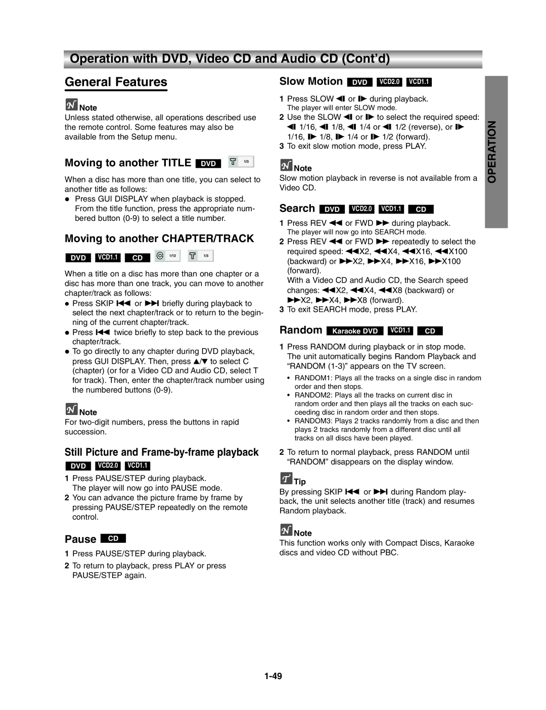 Toshiba SD3815 Moving to another Title, Moving to another CHAPTER/TRACK, Still Picture and Frame-by-frame playback, Search 