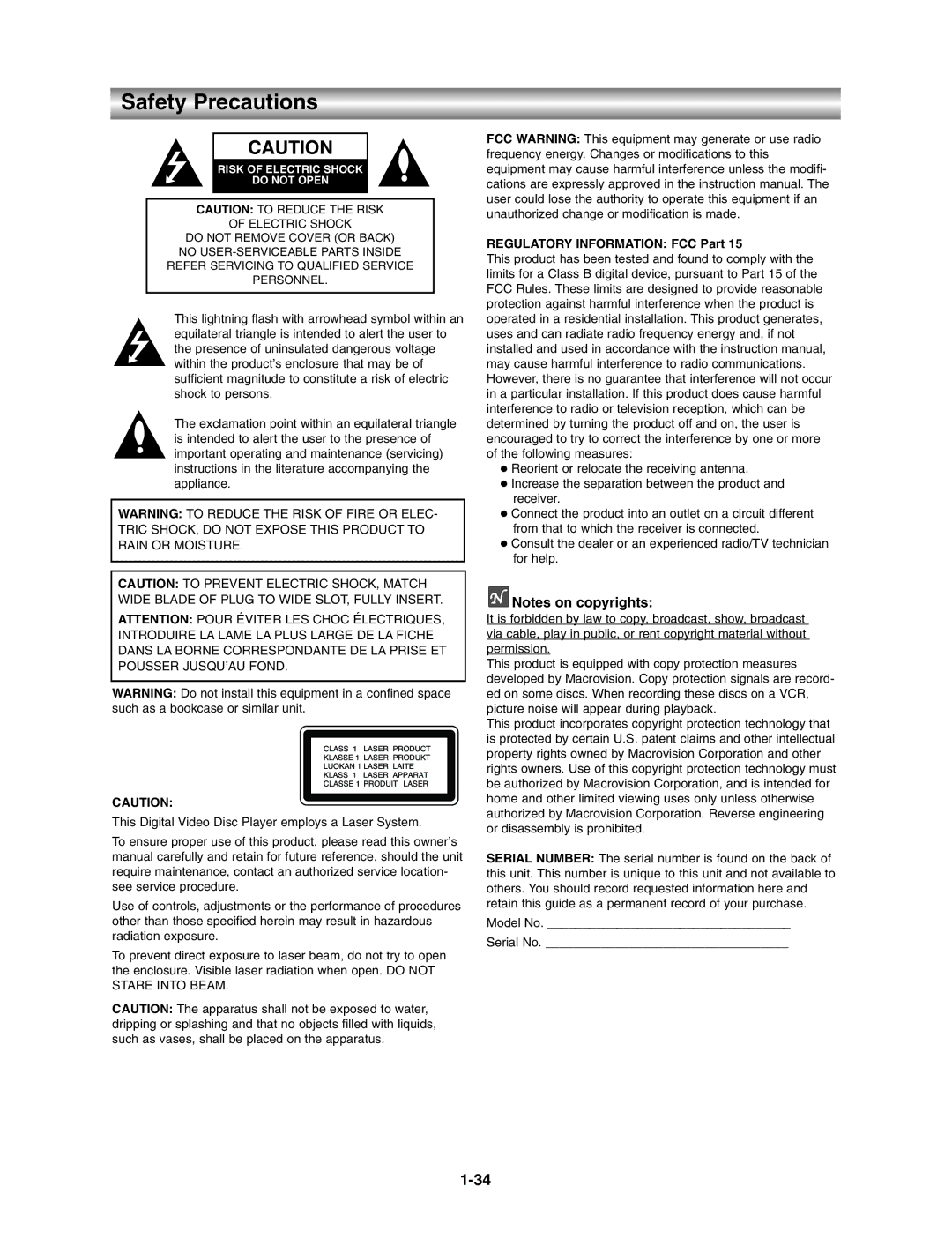 Toshiba VB602M, SD3815 manual Safety Precautions, Regulatory Information FCC Part 