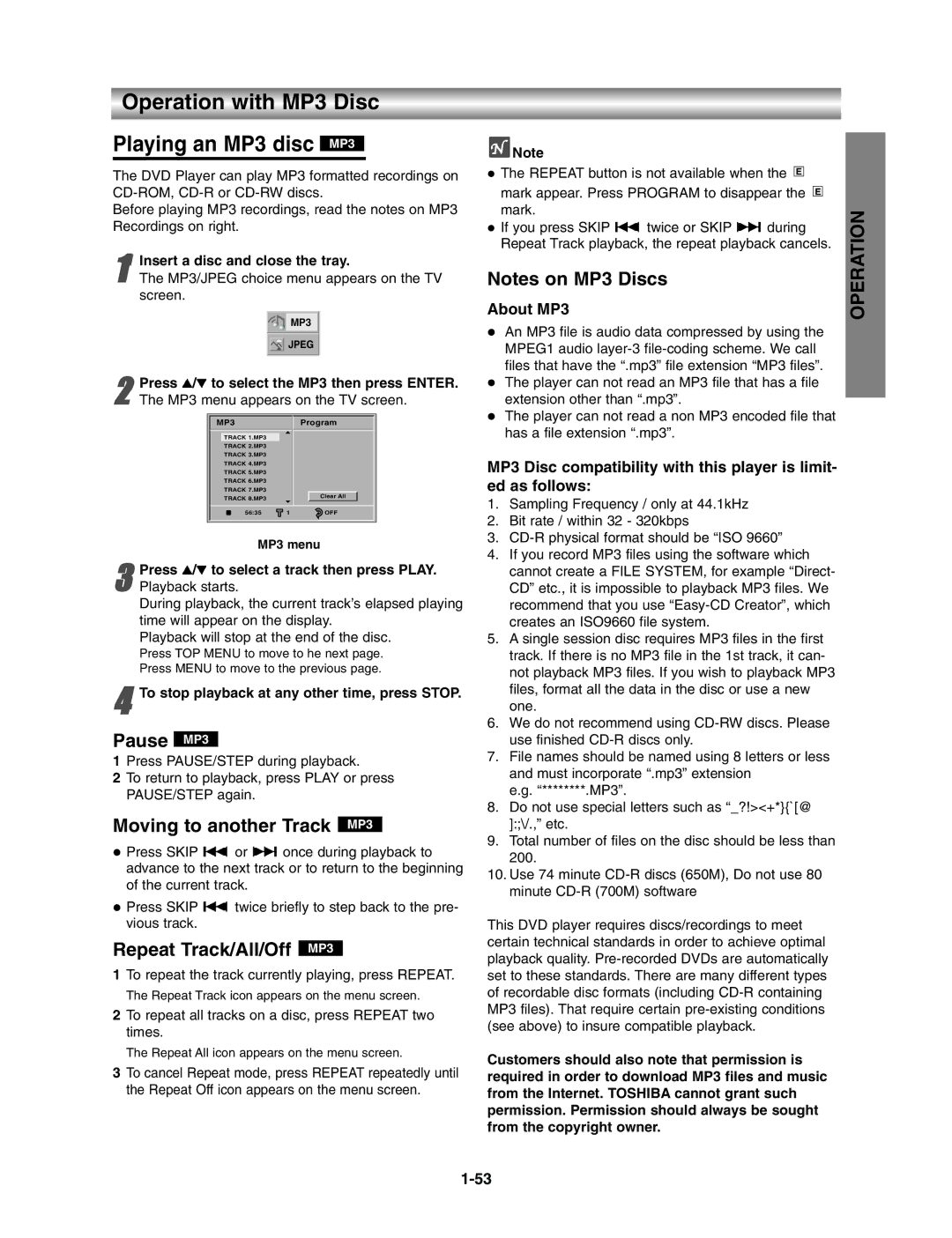 Toshiba SD3815, VB602M Operation with MP3 Disc Playing an MP3 disc MP3, Pause MP3, Moving to another Track MP3, About MP3 