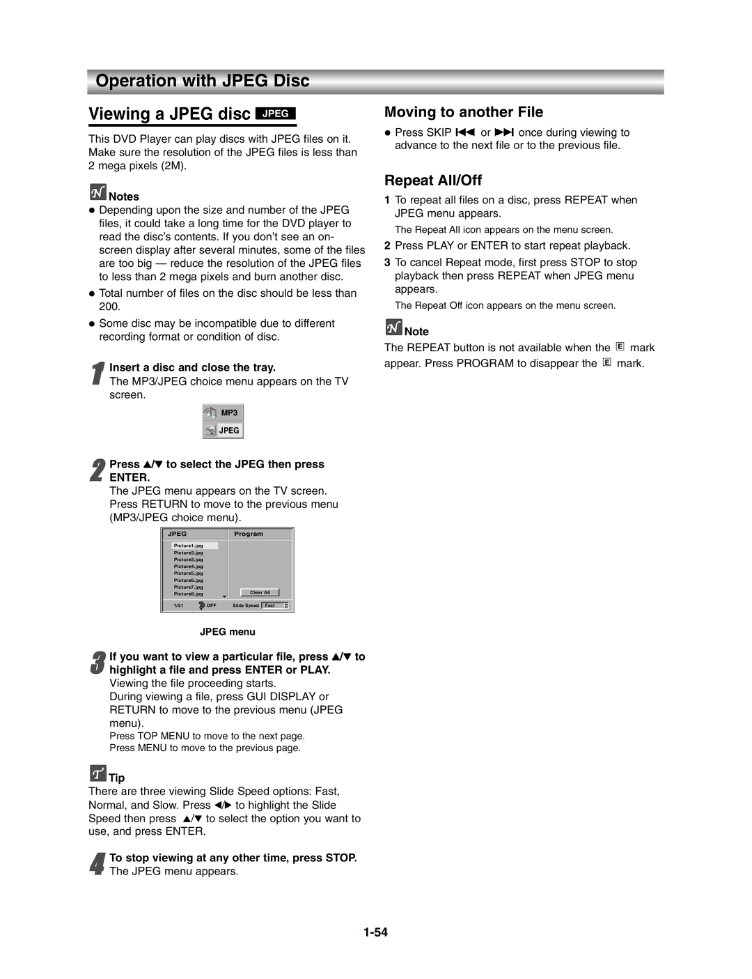 Toshiba VB602M manual Operation with Jpeg Disc Viewing a Jpeg disc Jpeg, Moving to another File, Repeat All/Off, Jpeg menu 