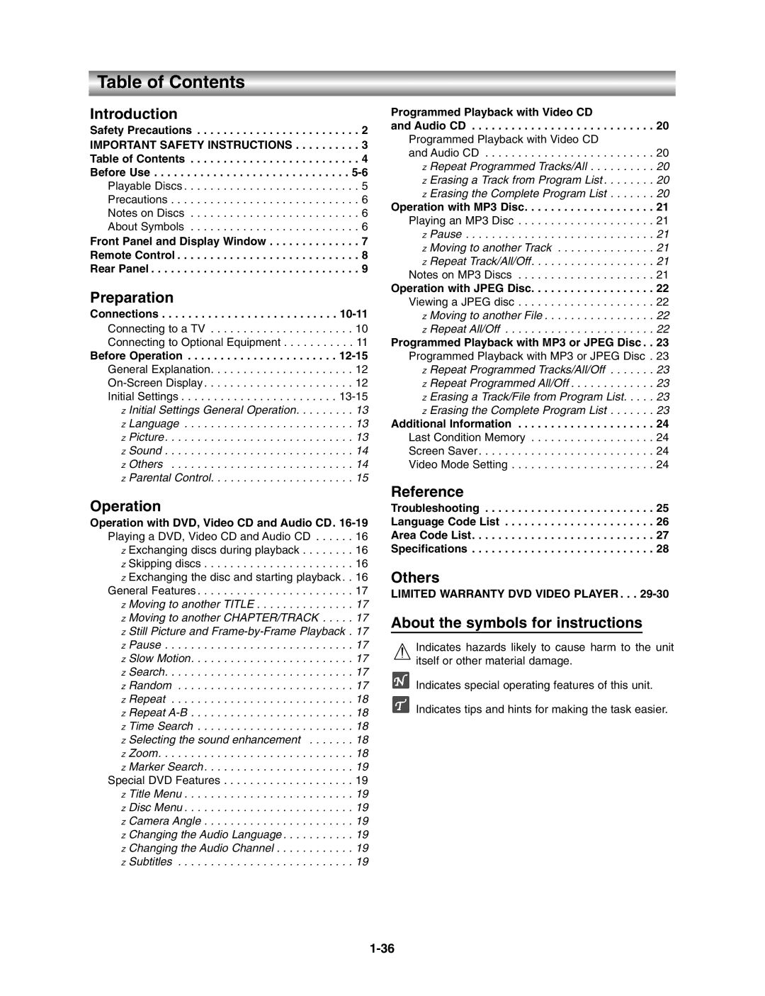 Toshiba VB602M, SD3815 manual Table of Contents 