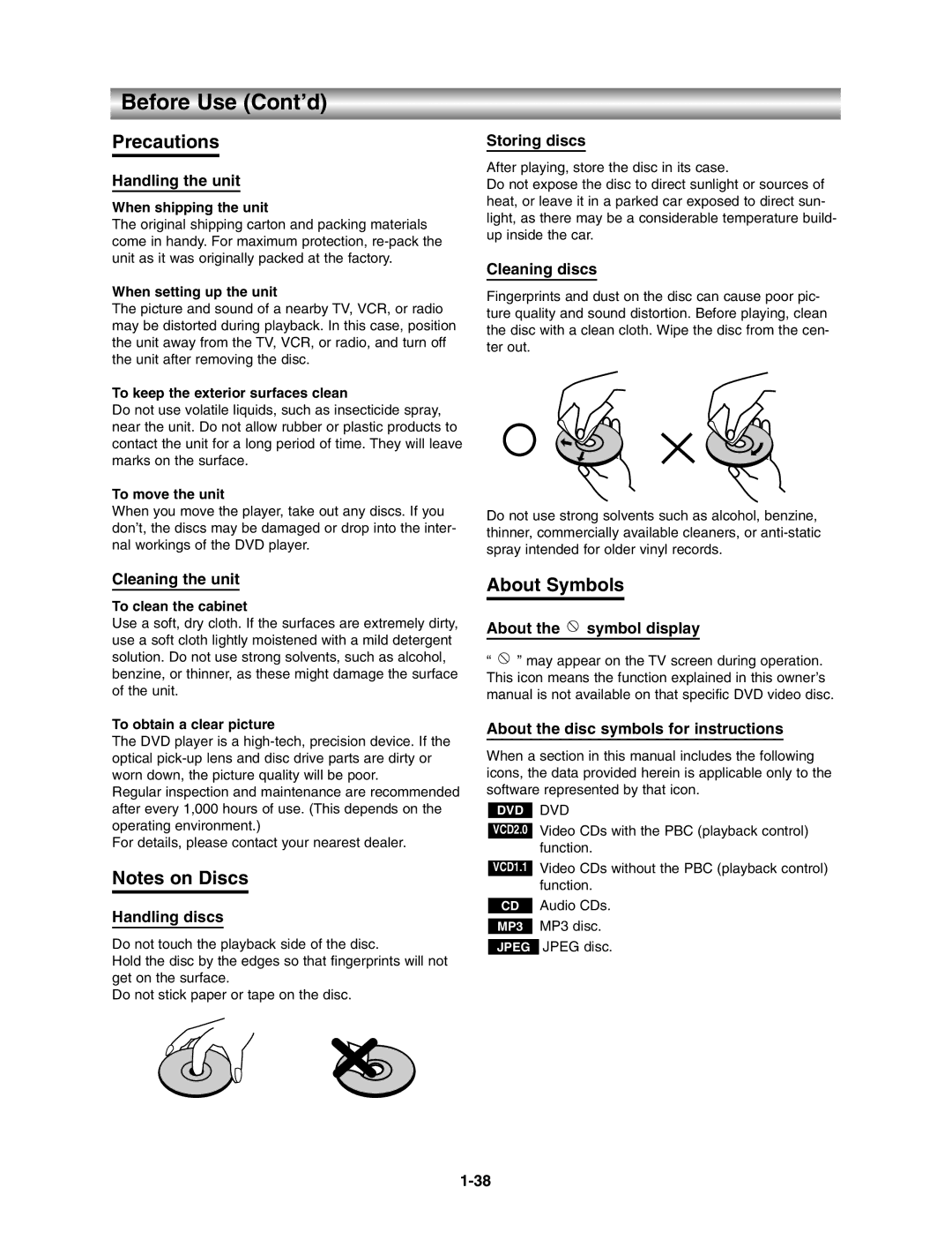 Toshiba VB602M, SD3815 manual Before Use Cont’d, Precautions, About Symbols 