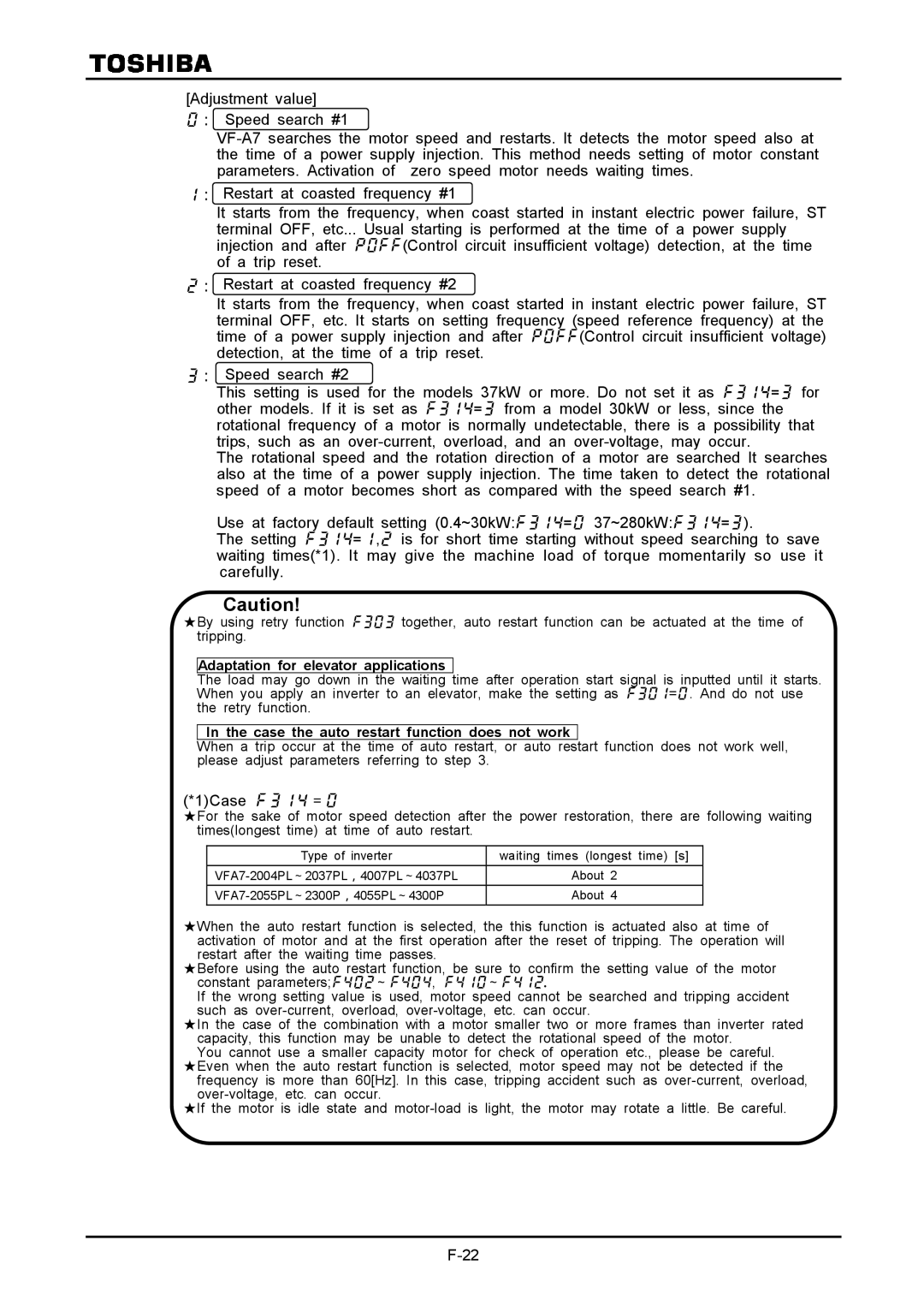 Toshiba VF-A7 instruction manual 1Case ＝, Adaptation for elevator applications 