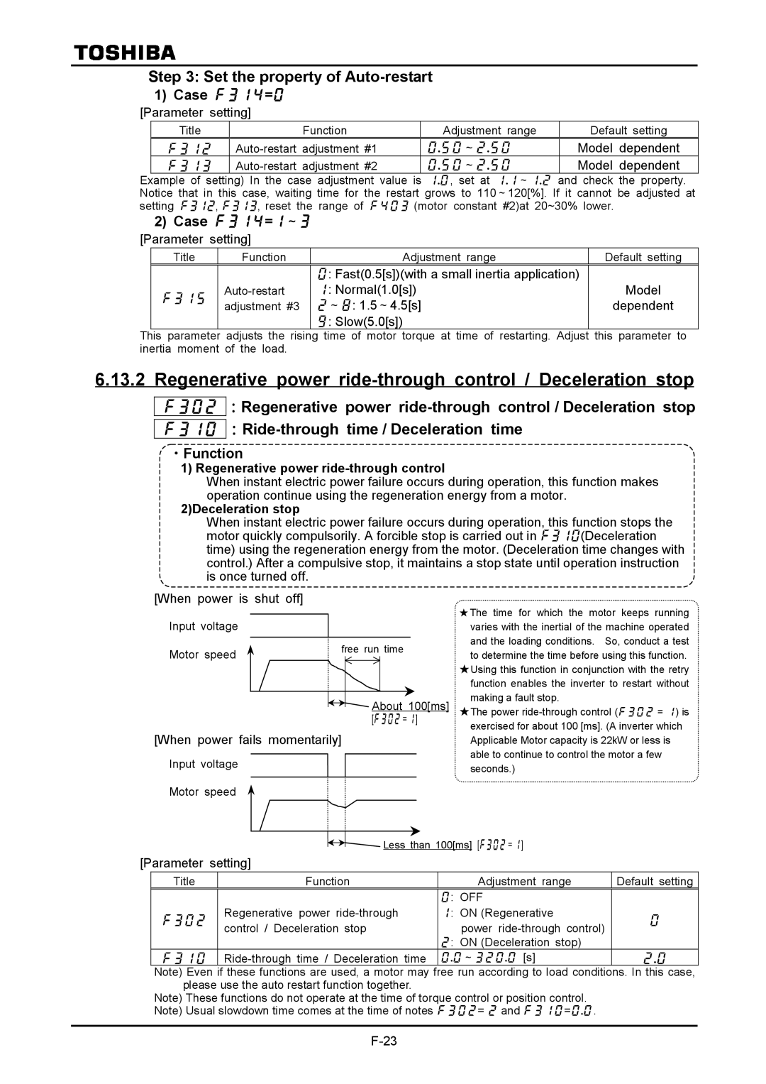Toshiba VF-A7 Regenerative power ride-through control / Deceleration stop, Set the property of Auto-restart, Case = 