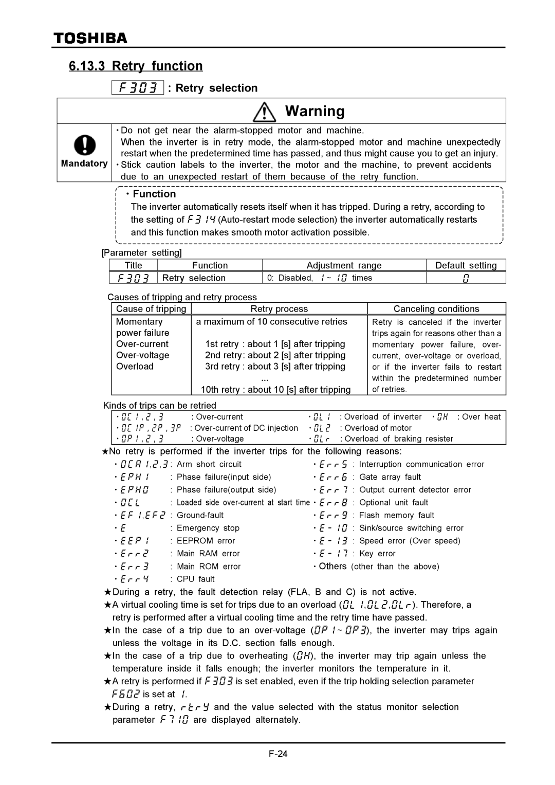 Toshiba VF-A7 instruction manual Retry function,  ：Retry selection 