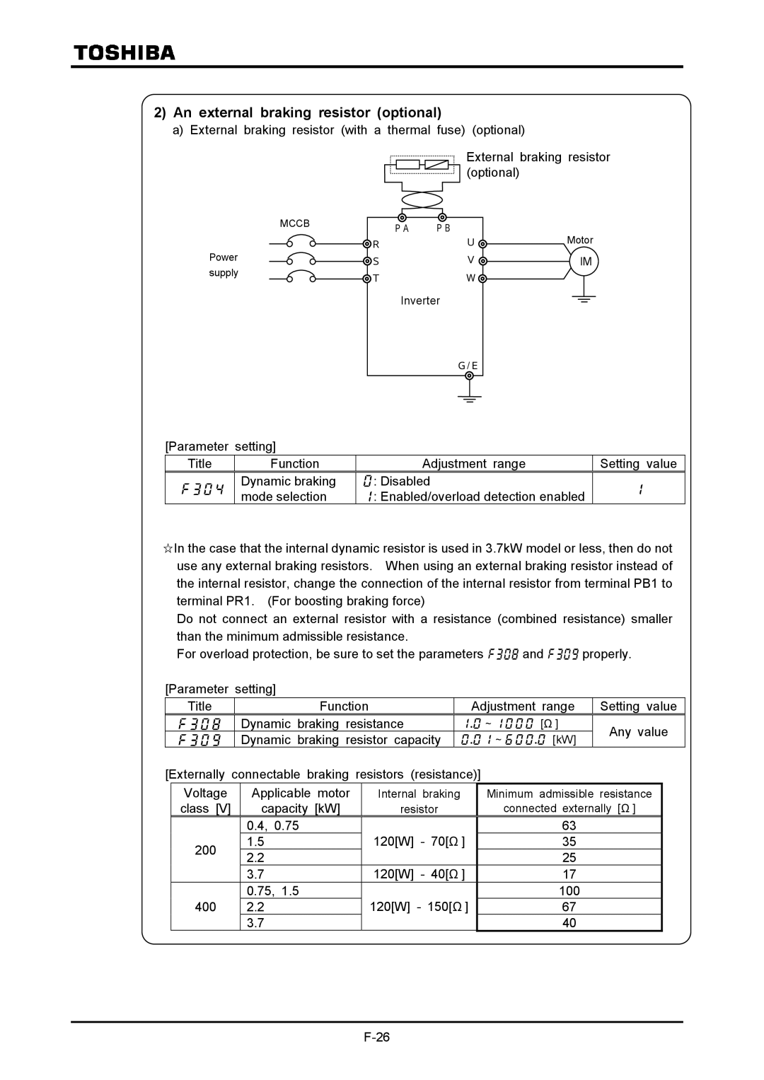 Toshiba VF-A7 An external braking resistor optional, Any value, Class Capacity kW, 120W 70Ω 200 120W 40Ω 400 120W 150Ω 100 