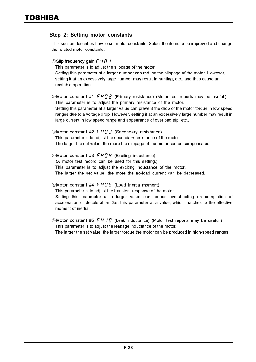 Toshiba VF-A7 instruction manual Setting motor constants, ①Slip frequency gain  