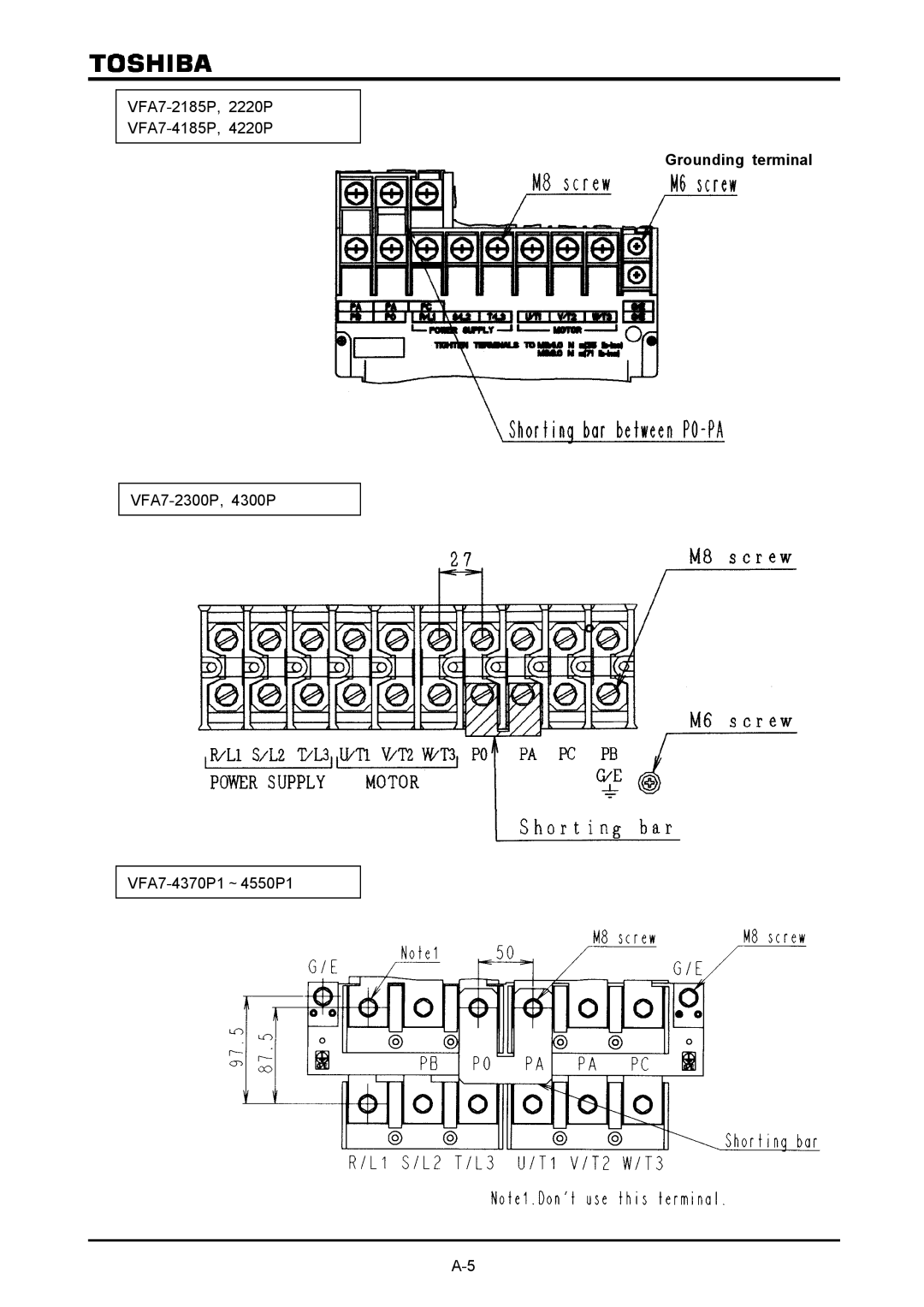 Toshiba VF-A7 VFA7-2185P, 2220P VFA7-4185P, 4220P, Grounding terminal, VFA7-2300P, 4300P VFA7-4370P1～4550P1 