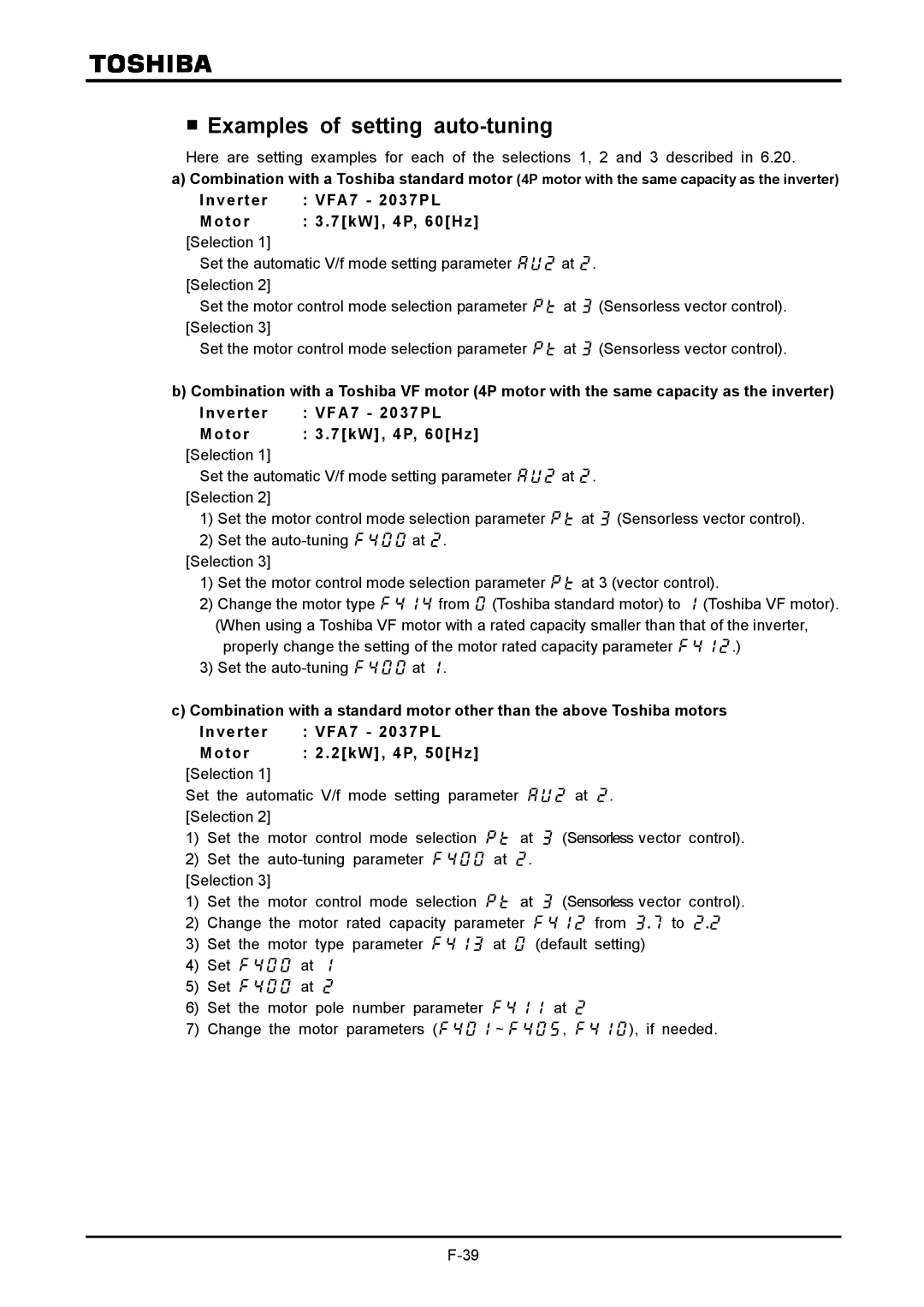 Toshiba VF-A7 instruction manual Examples of setting auto-tuning, Inverter VFA7 2037PL Motor 7kW, 4P, 60Hz Selection 