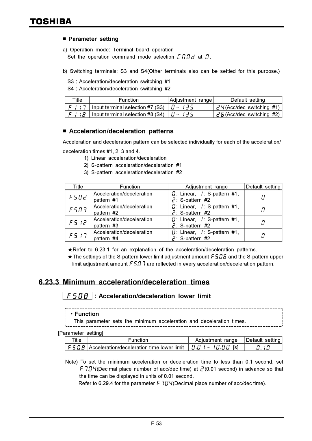 Toshiba VF-A7 Minimum acceleration/deceleration times, Acceleration/deceleration patterns, Parameter setting,  